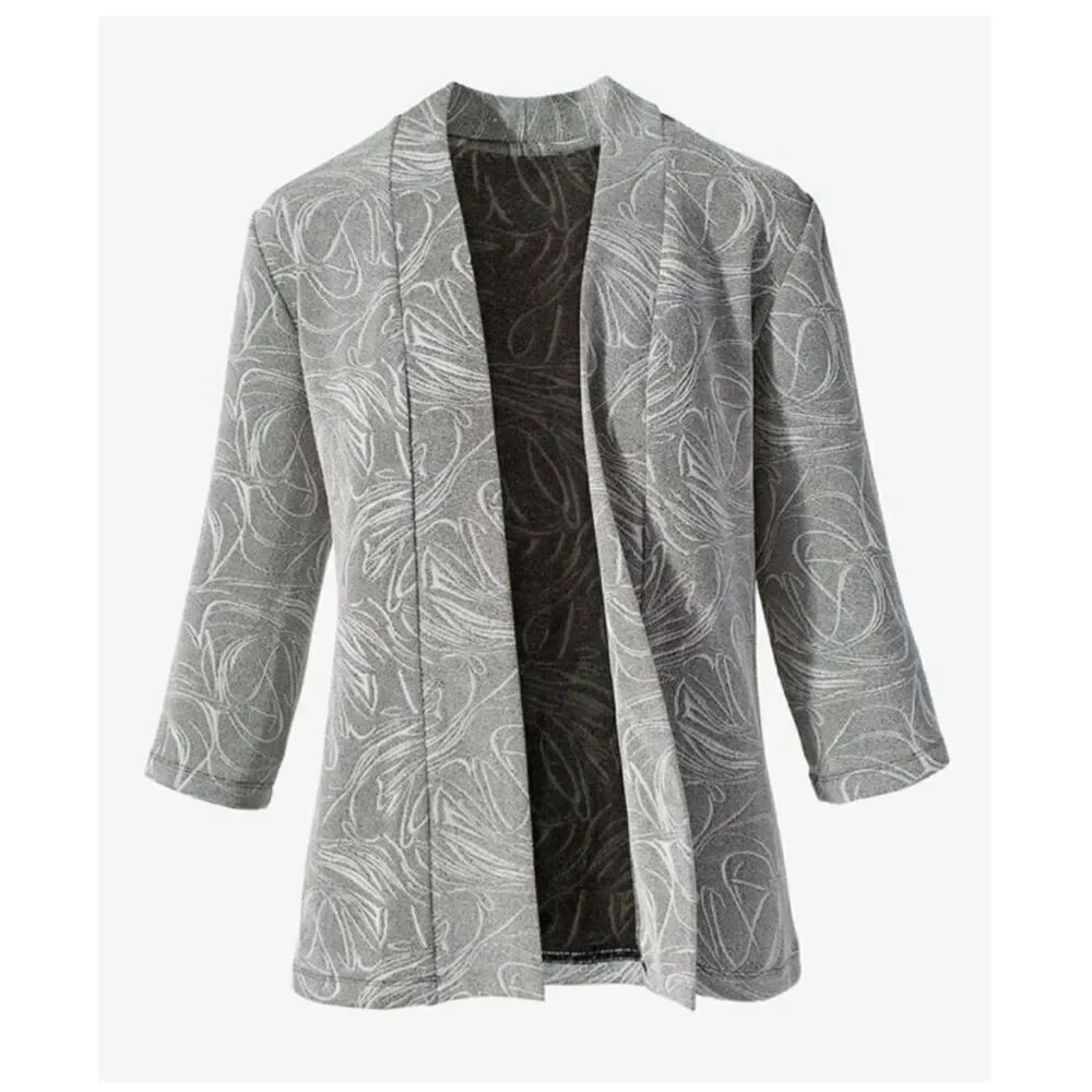 Chico’s Silver Textured 3/4 Sleeve Open Front Jacket in Chelsea Gray Sz 0 or XS